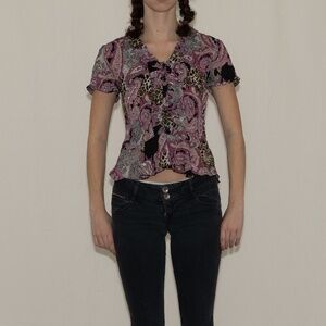 Y2k printed ruffle blouse cheetah print button up size small sunny leigh